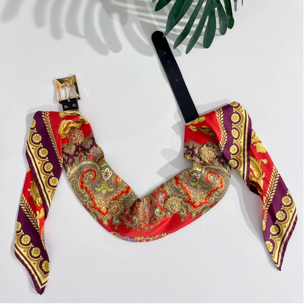 Vintage Gianni Versace Red & Gold Baroque Silk Belt with Medusa Medallions